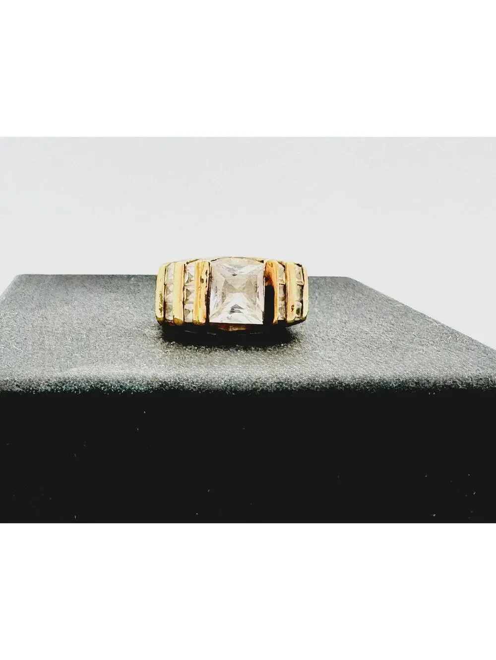 Men's gold clad sterling silver triangle crystal ring; size 5.75